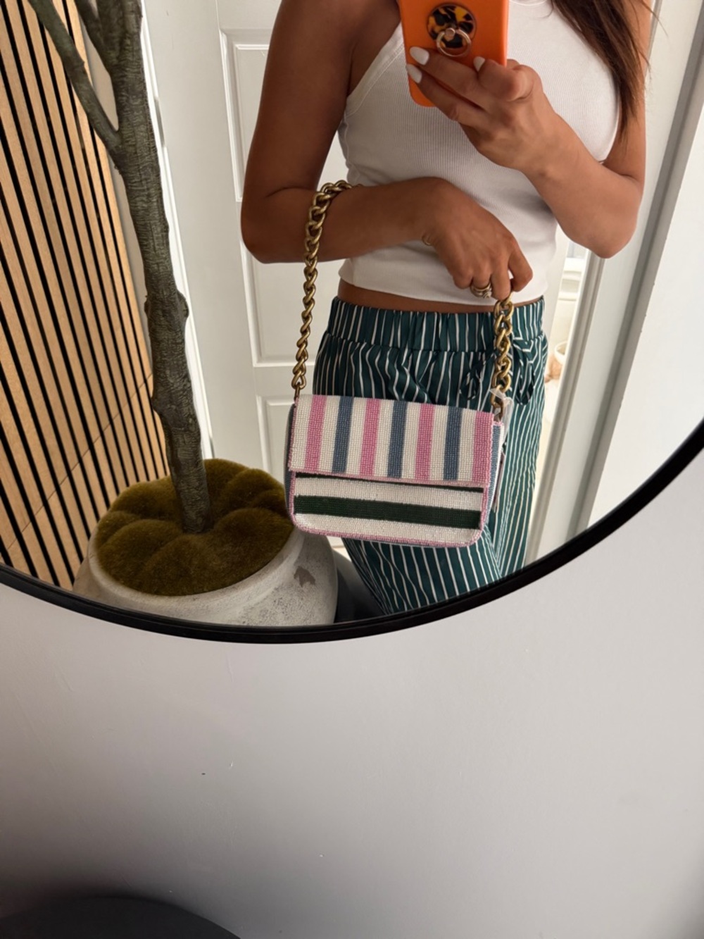 Viral Famous Beaded Stripe Shoulder Bag in Pink, White & Dark Green - Picture 15 of 15